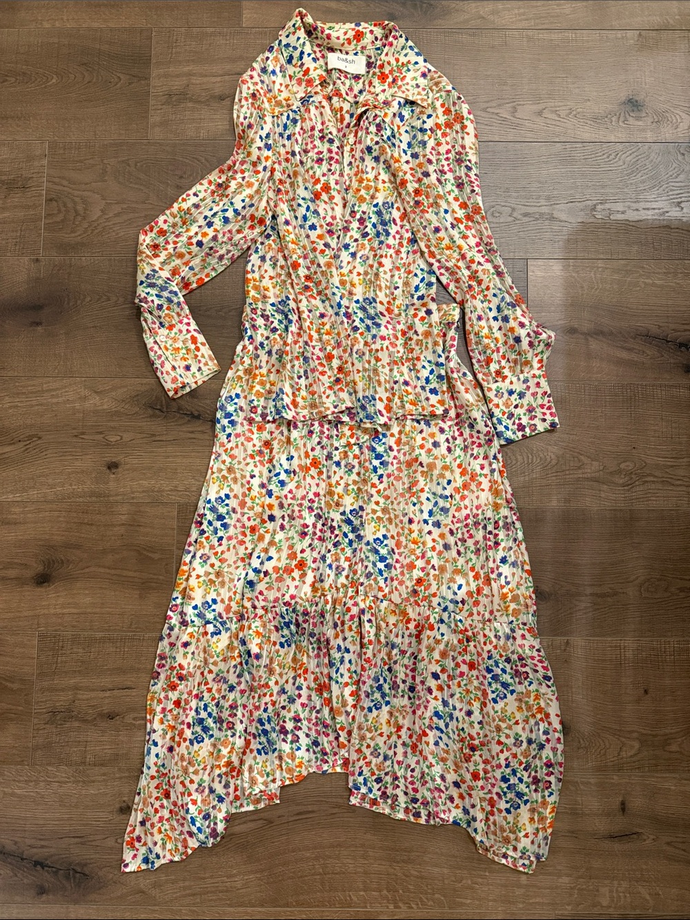 ba&sh Cream Floral Button-Down Midi Dress with Multicolor Print